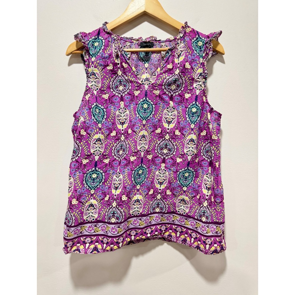 Talbots Purple Paisley Floral Flutter Sleeve 100% Cotton Blouse Top Large